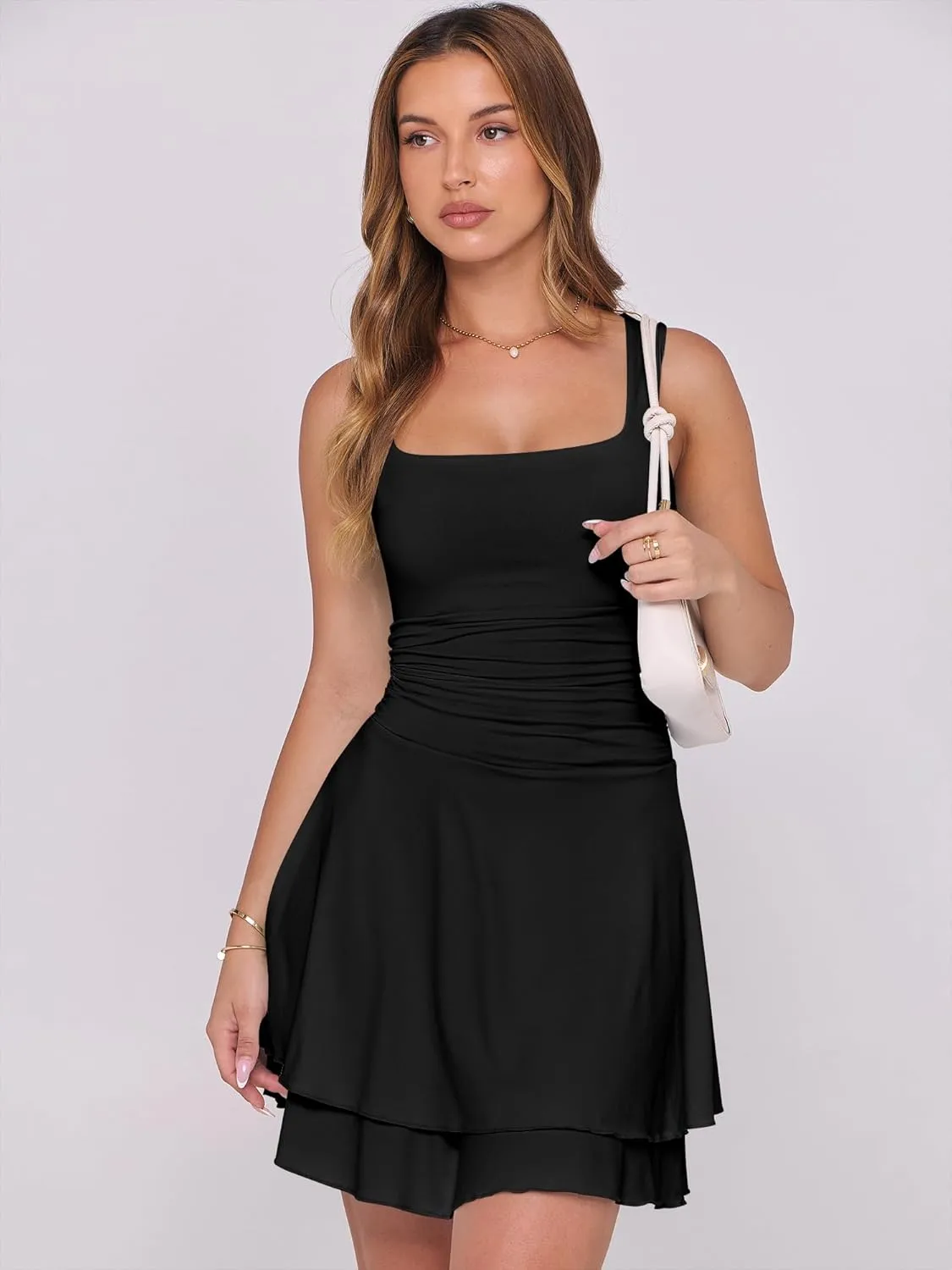 Caracilia Womens Square Neck Party Dress Ruffle Hem Ruched Waist Short Cocktail Mini Dresses