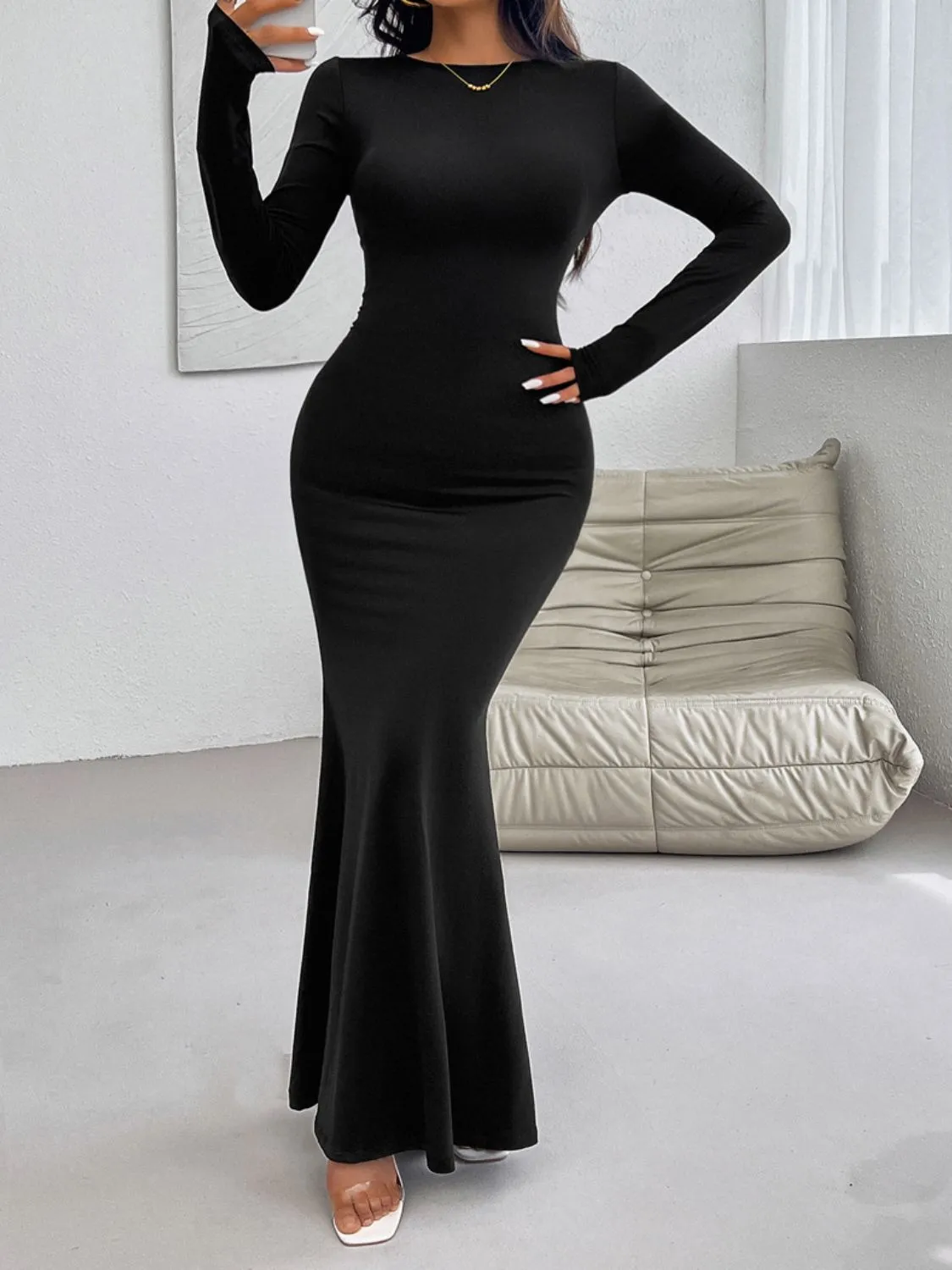 Casual Long Dress Women's Fashion Backless Round Neck Long Sleeve Maxi Dress