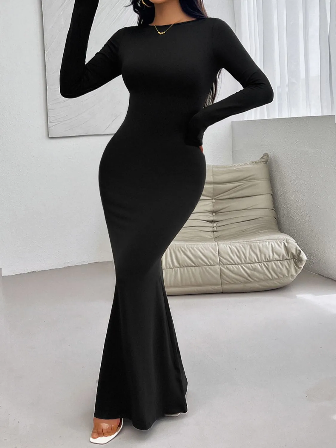 Casual Long Dress Women's Fashion Backless Round Neck Long Sleeve Maxi Dress
