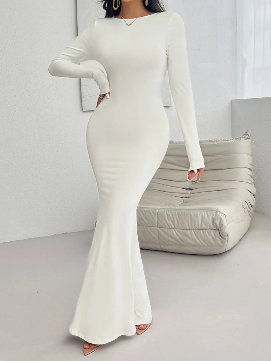 Casual Long Dress Women's Fashion Backless Round Neck Long Sleeve Maxi Dress
