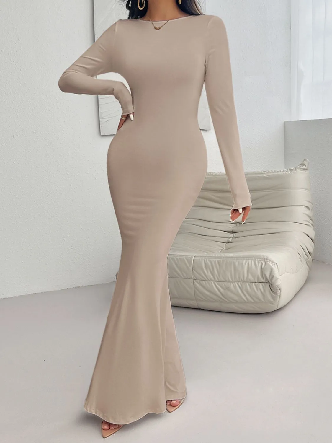 Casual Long Dress Women's Fashion Backless Round Neck Long Sleeve Maxi Dress