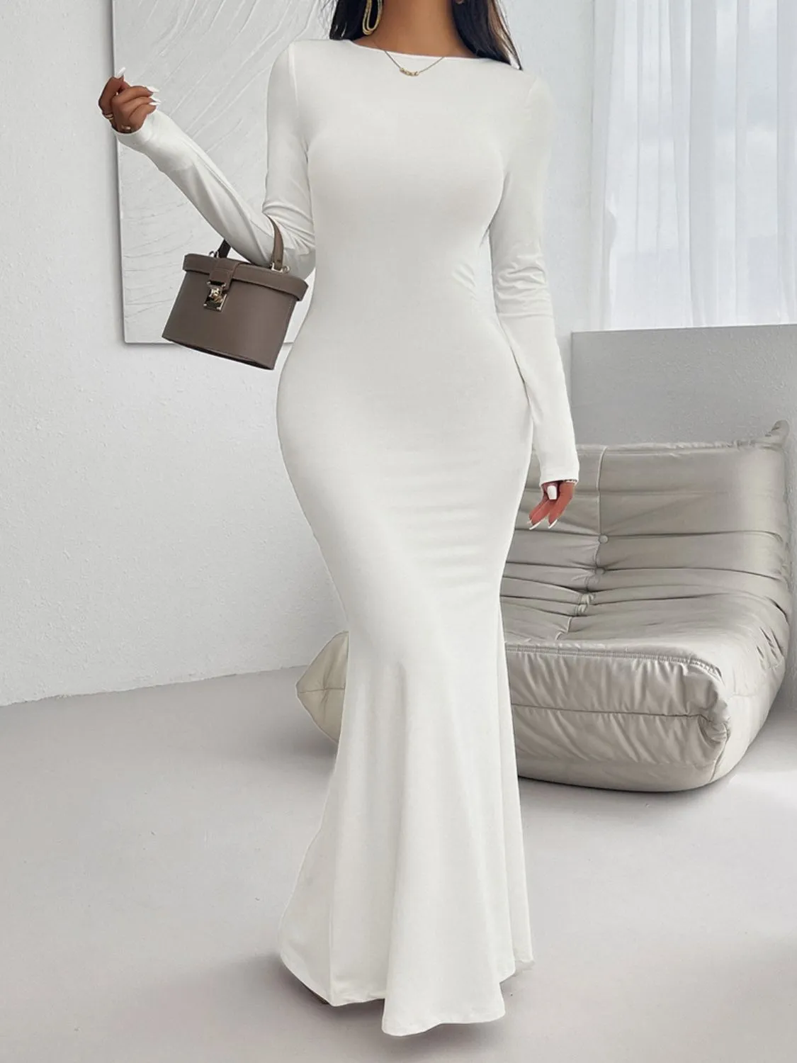 Casual Long Dress Women's Fashion Backless Round Neck Long Sleeve Maxi Dress