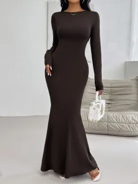 Casual Long Dress Women's Fashion Backless Round Neck Long Sleeve Maxi Dress
