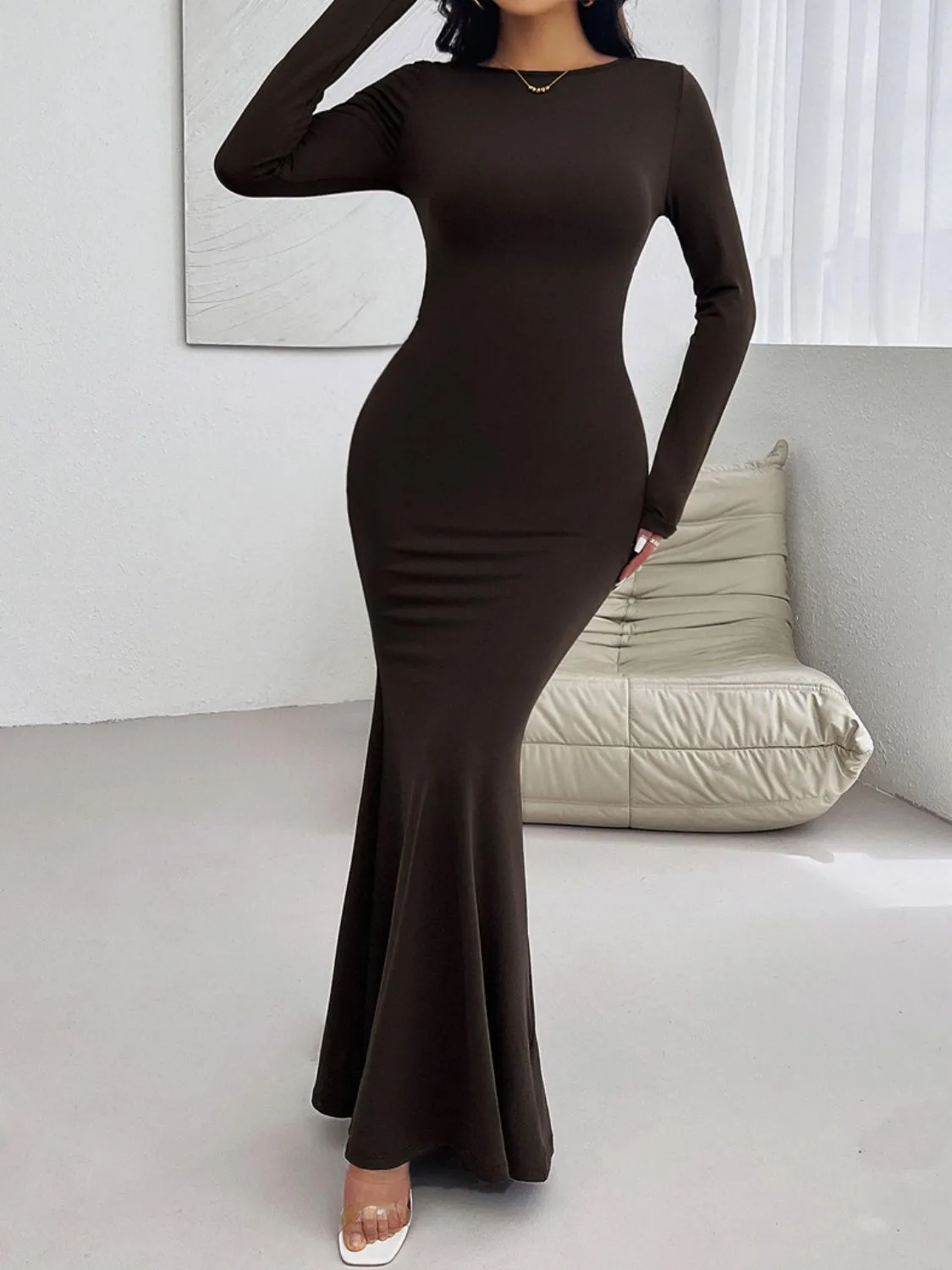 Casual Long Dress Women's Fashion Backless Round Neck Long Sleeve Maxi Dress