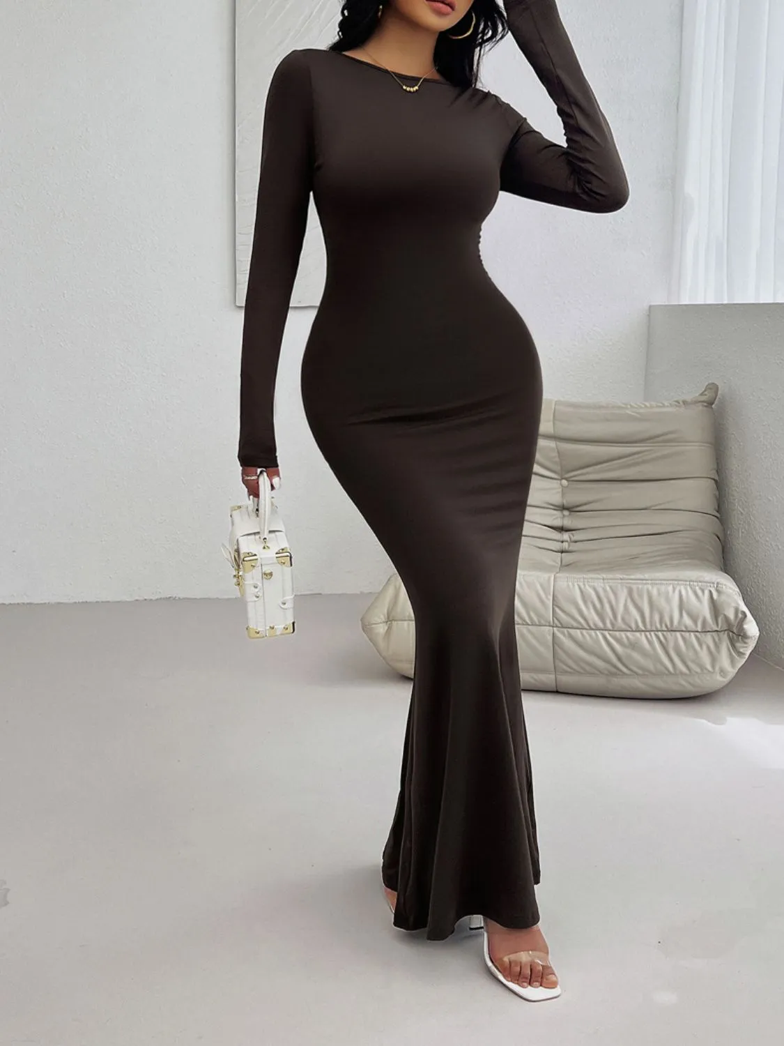 Casual Long Dress Women's Fashion Backless Round Neck Long Sleeve Maxi Dress