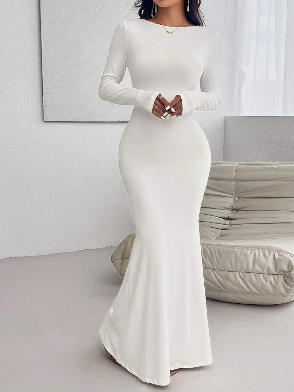 Casual Long Dress Women's Fashion Backless Round Neck Long Sleeve Maxi Dress