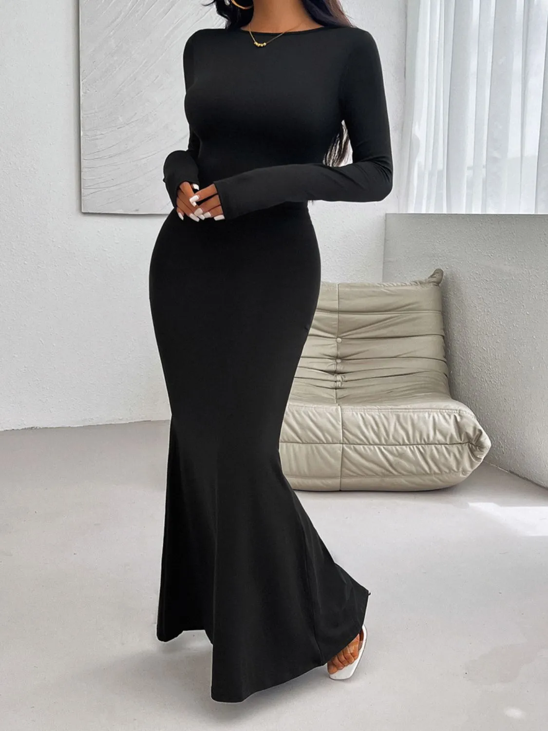 Casual Long Dress Women's Fashion Backless Round Neck Long Sleeve Maxi Dress