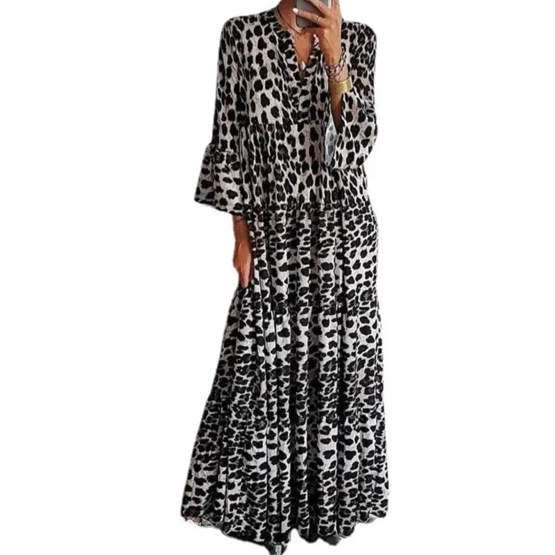 Casual Printed Long Dress Women Spring Summer Long Sleeve Pleated A-line Midi Dress Women Fashion Retro Bohemian Dress 2023 Robe