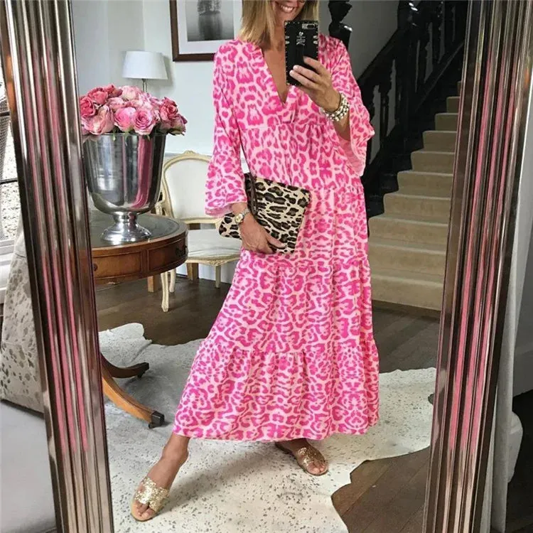 Casual Printed Long Dress Women Spring Summer Long Sleeve Pleated A-line Midi Dress Women Fashion Retro Bohemian Dress 2023 Robe