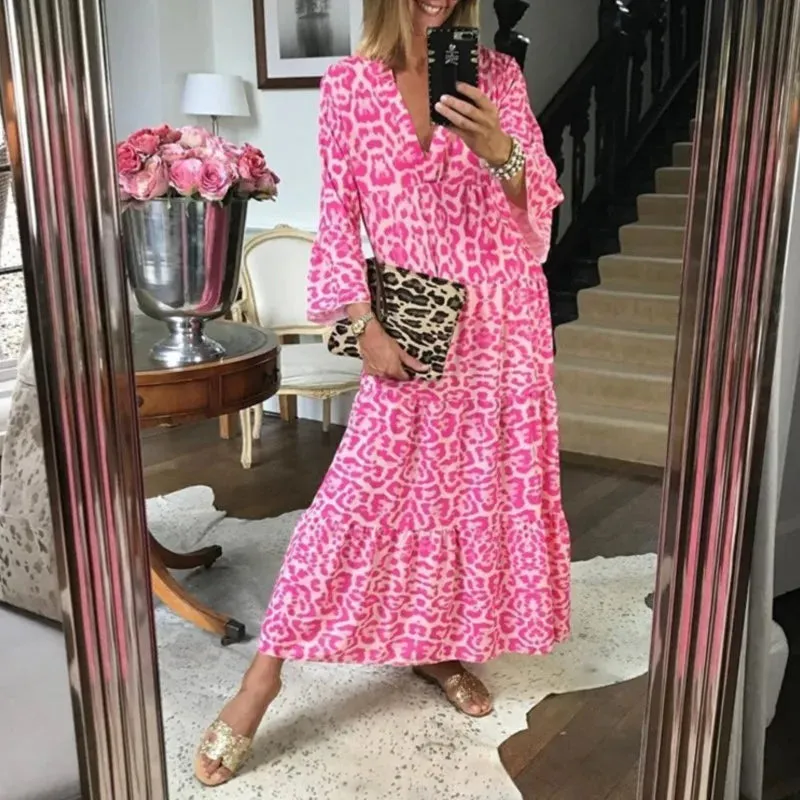Casual Printed Long Dress Women Spring Summer Long Sleeve Pleated A-line Midi Dress Women Fashion Retro Bohemian Dress 2023 Robe