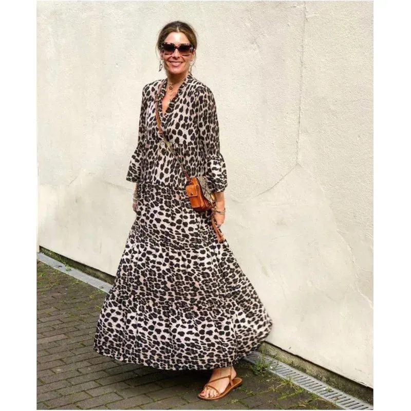 Casual Printed Long Dress Women Spring Summer Long Sleeve Pleated A-line Midi Dress Women Fashion Retro Bohemian Dress 2023 Robe