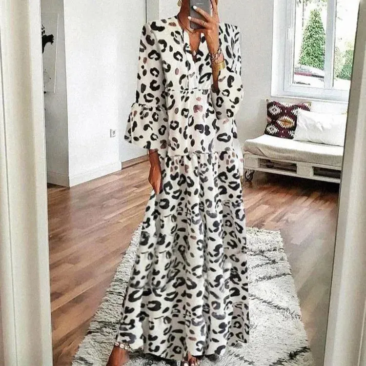 Casual Printed Long Dress Women Spring Summer Long Sleeve Pleated A-line Midi Dress Women Fashion Retro Bohemian Dress 2023 Robe