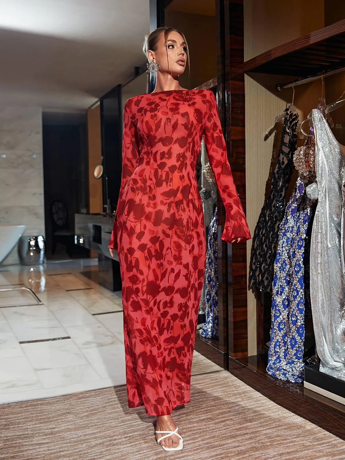 Cecily Long Sleeve Rose Printed Maxi Dress