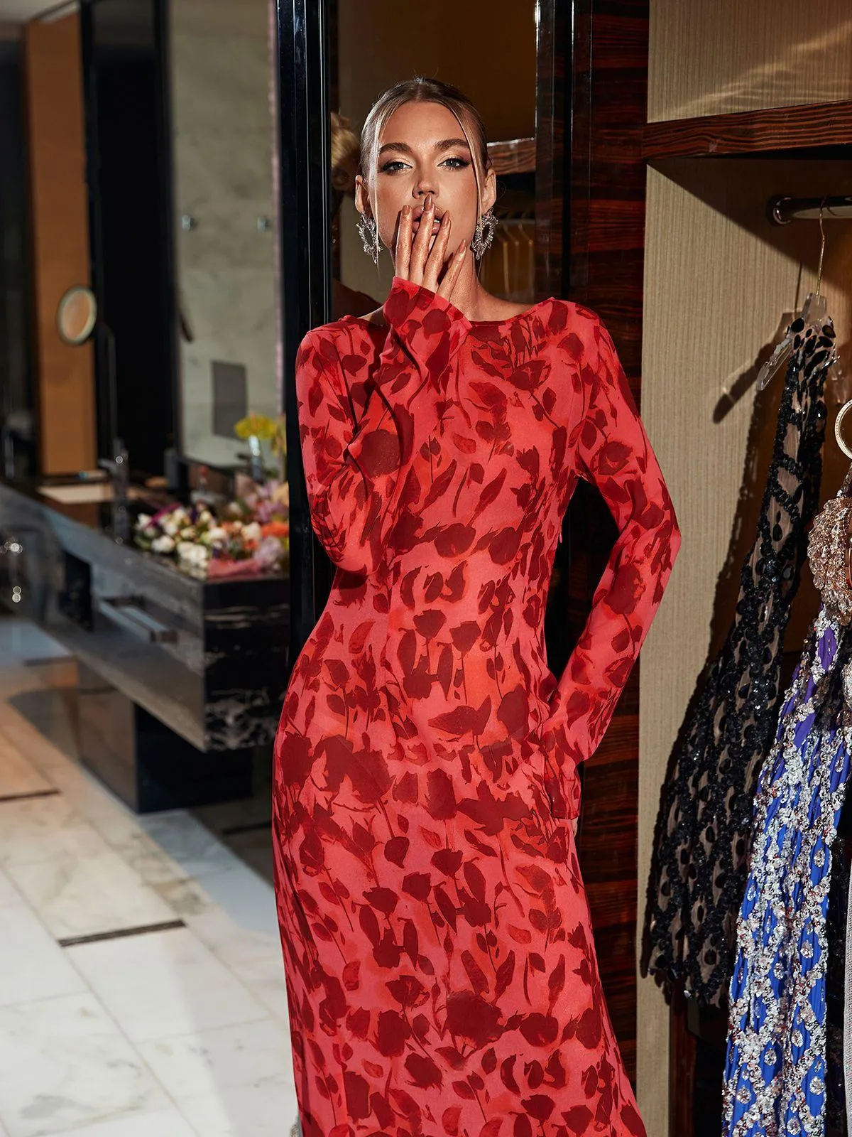 Cecily Long Sleeve Rose Printed Maxi Dress
