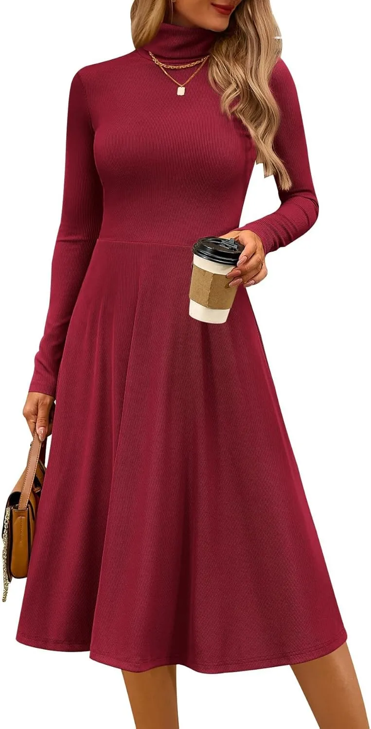 CFLONGE Women's Casual Ribbed Knit High Neck Dress Long Sleeve Fall Dress for Women 2024 Lightweight A Line Flare Dresses