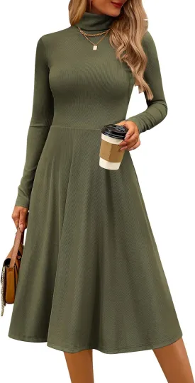 CFLONGE Women's Casual Ribbed Knit High Neck Dress Long Sleeve Fall Dress for Women 2024 Lightweight A Line Flare Dresses