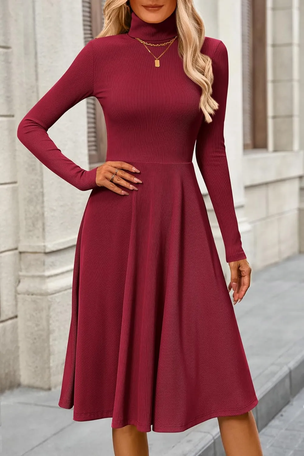CFLONGE Women's Casual Ribbed Knit High Neck Dress Long Sleeve Fall Dress for Women 2024 Lightweight A Line Flare Dresses