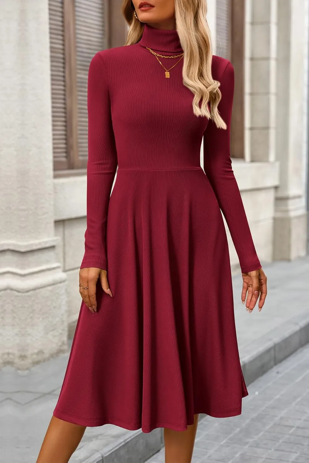 CFLONGE Women's Casual Ribbed Knit High Neck Dress Long Sleeve Fall Dress for Women 2024 Lightweight A Line Flare Dresses