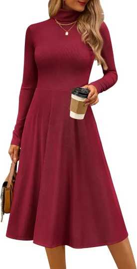 CFLONGE Women's Casual Ribbed Knit High Neck Dress Long Sleeve Fall Dress for Women 2024 Lightweight A Line Flare Dresses