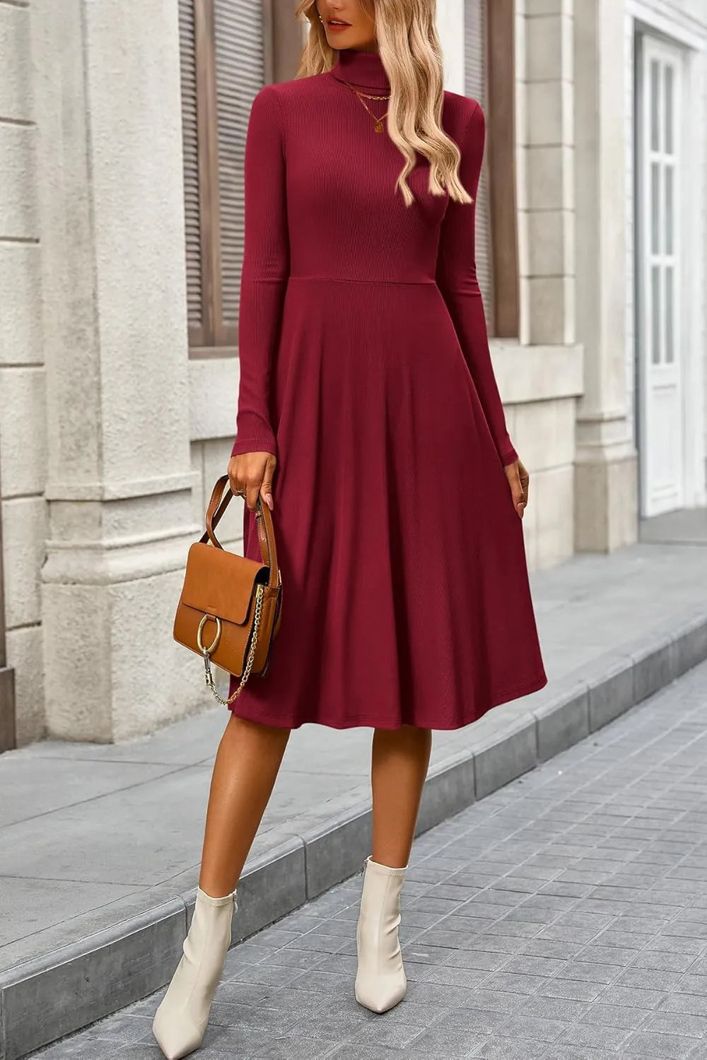 CFLONGE Women's Casual Ribbed Knit High Neck Dress Long Sleeve Fall Dress for Women 2024 Lightweight A Line Flare Dresses