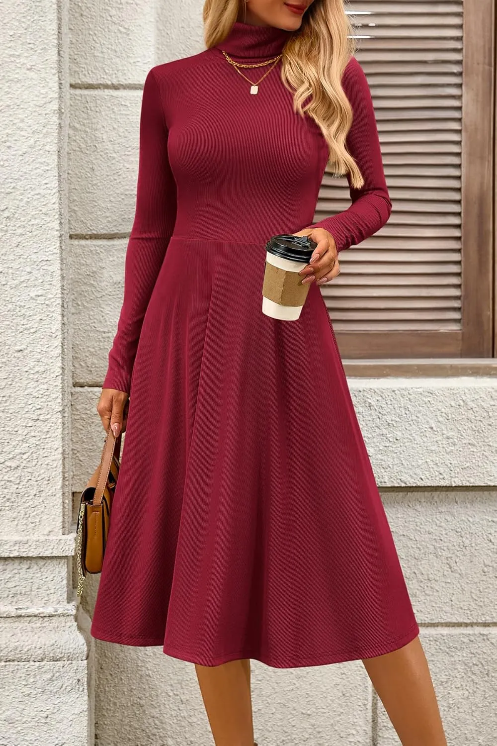 CFLONGE Women's Casual Ribbed Knit High Neck Dress Long Sleeve Fall Dress for Women 2024 Lightweight A Line Flare Dresses