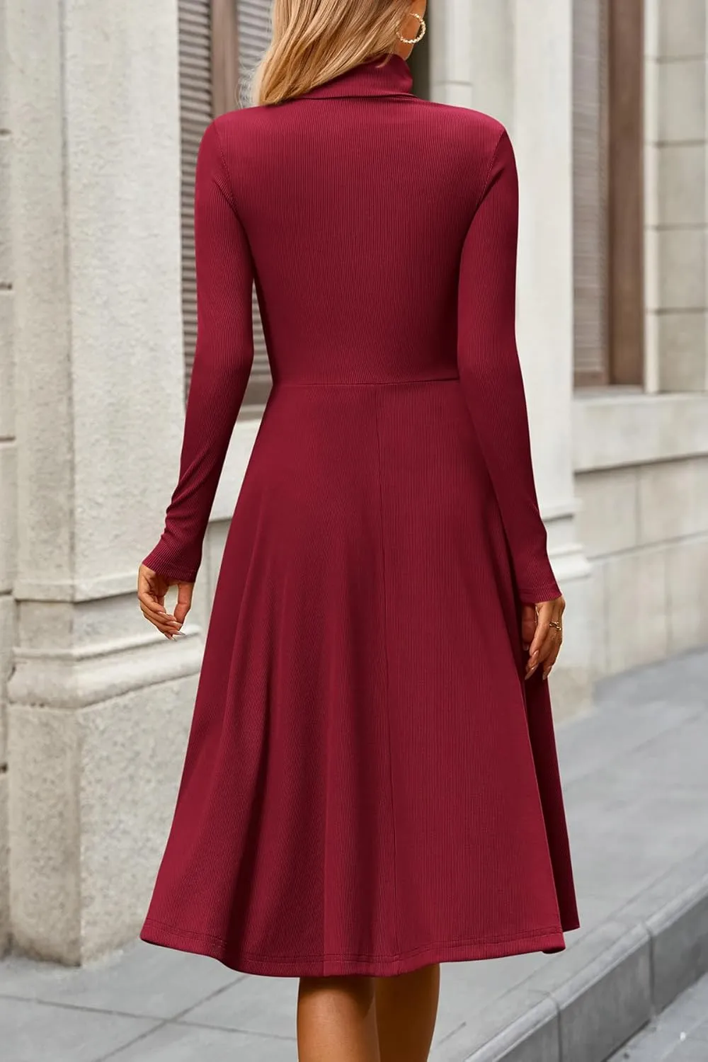 CFLONGE Women's Casual Ribbed Knit High Neck Dress Long Sleeve Fall Dress for Women 2024 Lightweight A Line Flare Dresses
