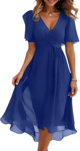 Chiffon Wrap Dresses for Women 2025 Summer Elegant Classy V Neck Belted Corset Dress Wedding Prom Boho Sundress