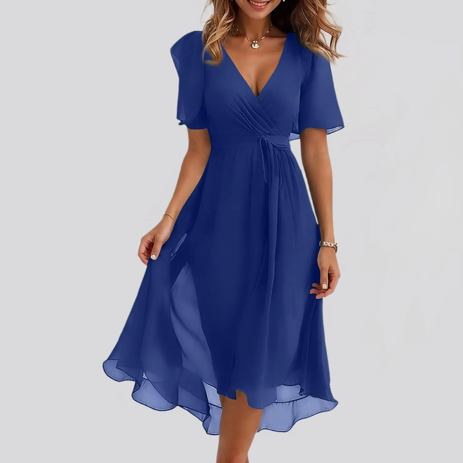 Chiffon Wrap Dresses for Women 2025 Summer Elegant Classy V Neck Belted Corset Dress Wedding Prom Boho Sundress