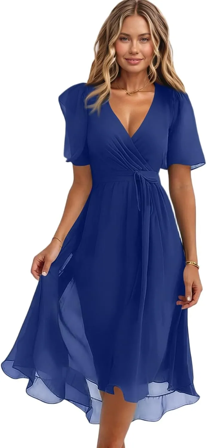 Chiffon Wrap Dresses for Women 2025 Summer Elegant Classy V Neck Belted Corset Dress Wedding Prom Boho Sundress