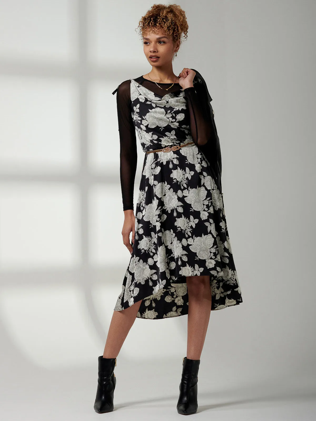 Clarissa Satin Draped Cowl Neck Dress, Black Floral