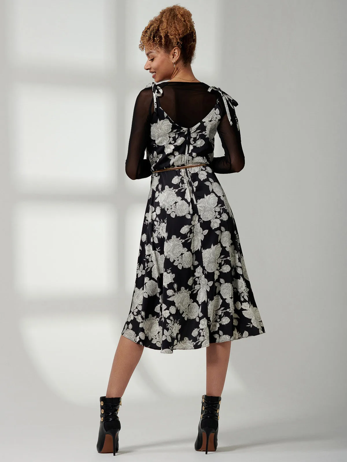 Clarissa Satin Draped Cowl Neck Dress, Black Floral