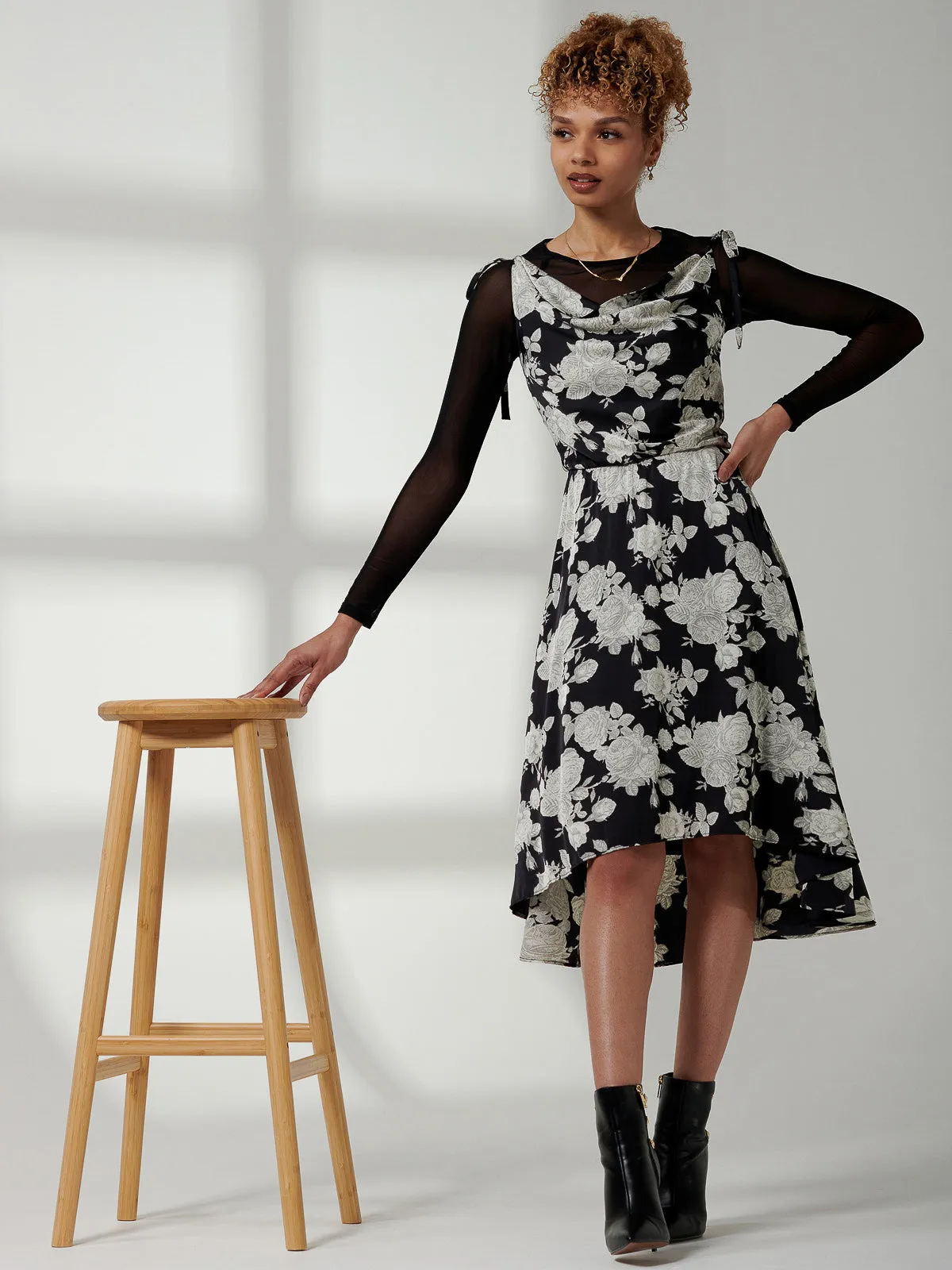 Clarissa Satin Draped Cowl Neck Dress, Black Floral