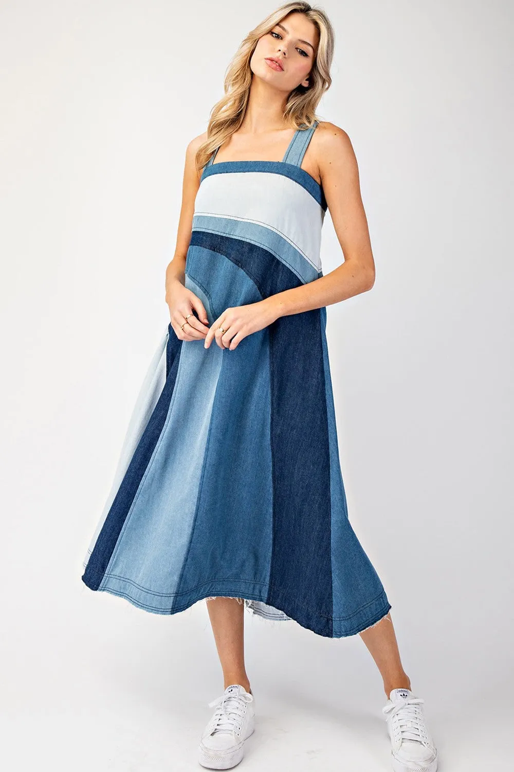 Color Block Denim Midi Dress