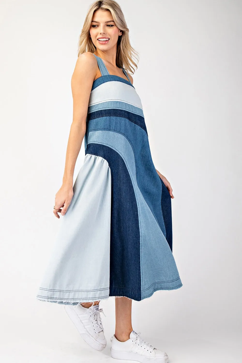 Color Block Denim Midi Dress