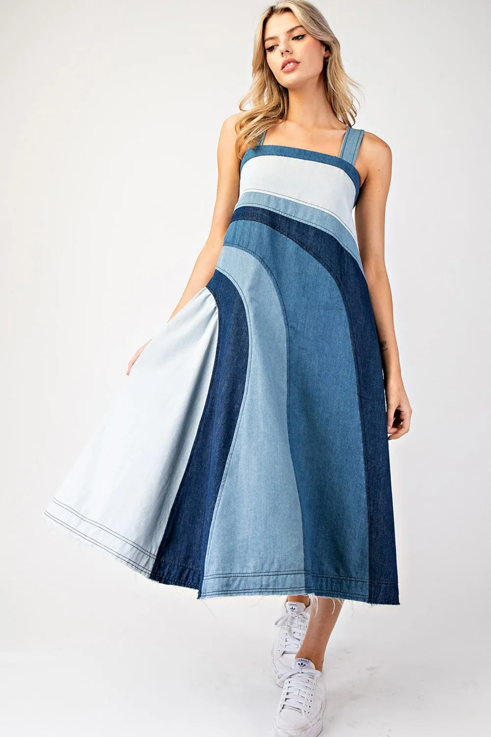 Color Block Denim Midi Dress