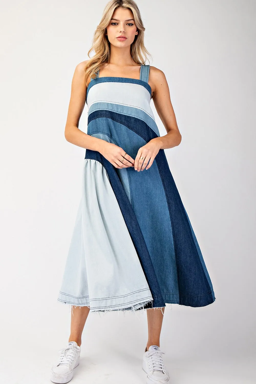 Color Block Denim Midi Dress