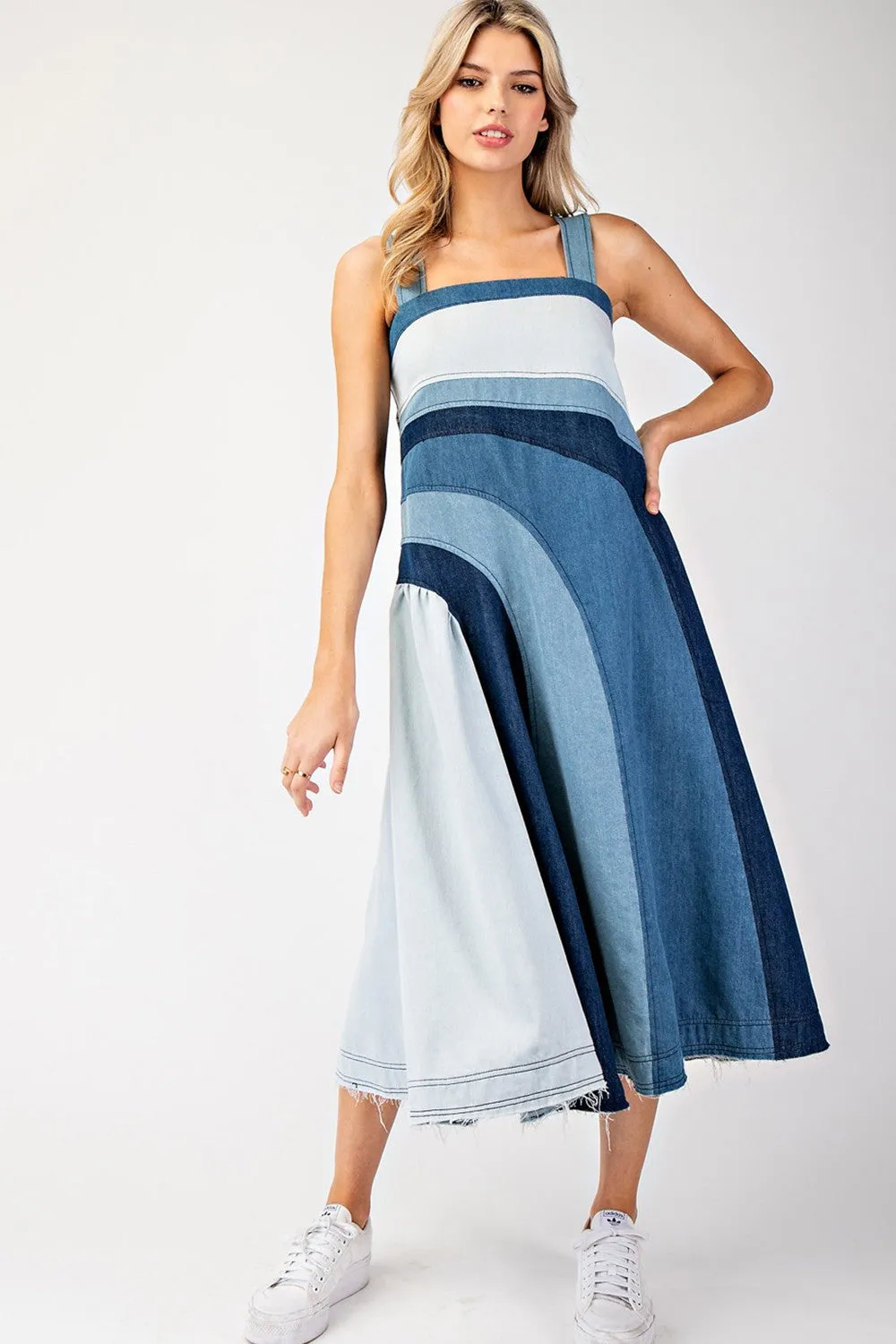 Color Block Denim Midi Dress