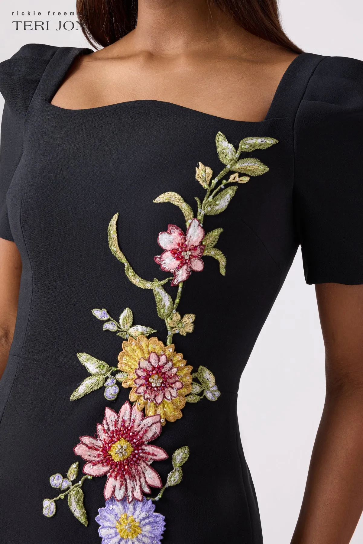 Crepe Embroidered Form Fitting Mini Dress