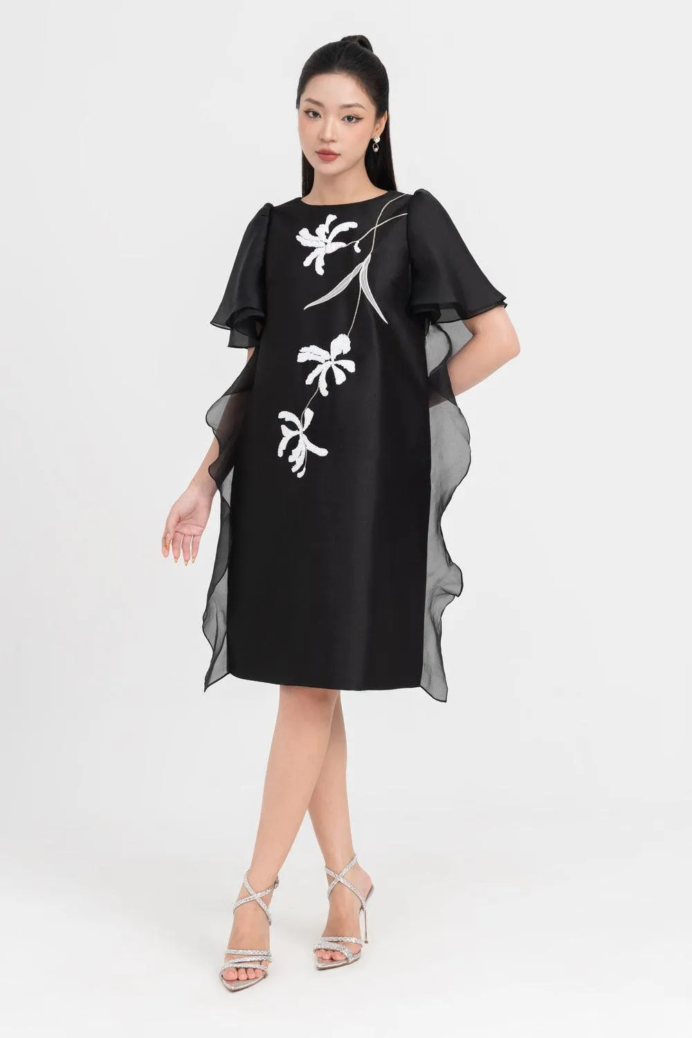Crystal Tunic Flutter Sleeved Taffeta Knee-length Dress