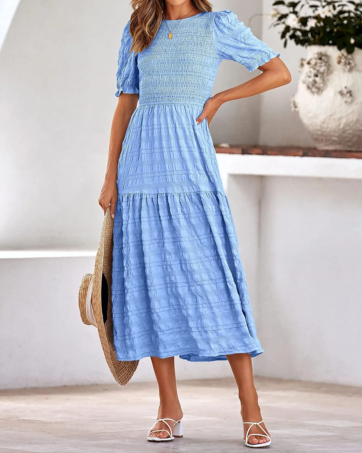dowerme Womens Summer Dresses 2025 Casual Puff Short Sleeve Crewneck Smocked Flowy Ruffle Boho Beach Party Maxi Sundress