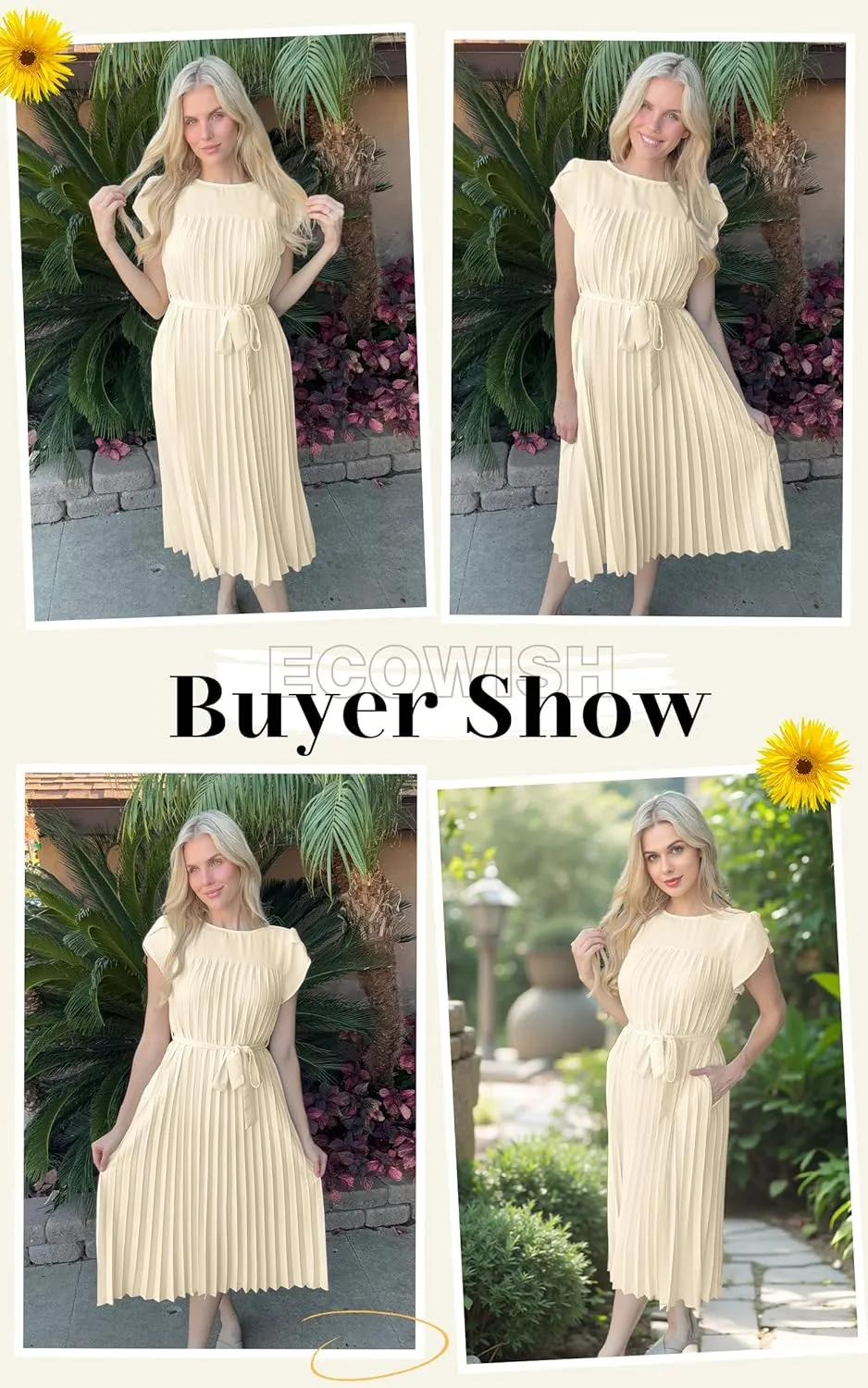 ECOWISH Women Summer Maxi Pleated Dress Casual Cap Sleeve Flowy Swing Loose Fit Midi Dresses Pocket Crew Neck Back Button