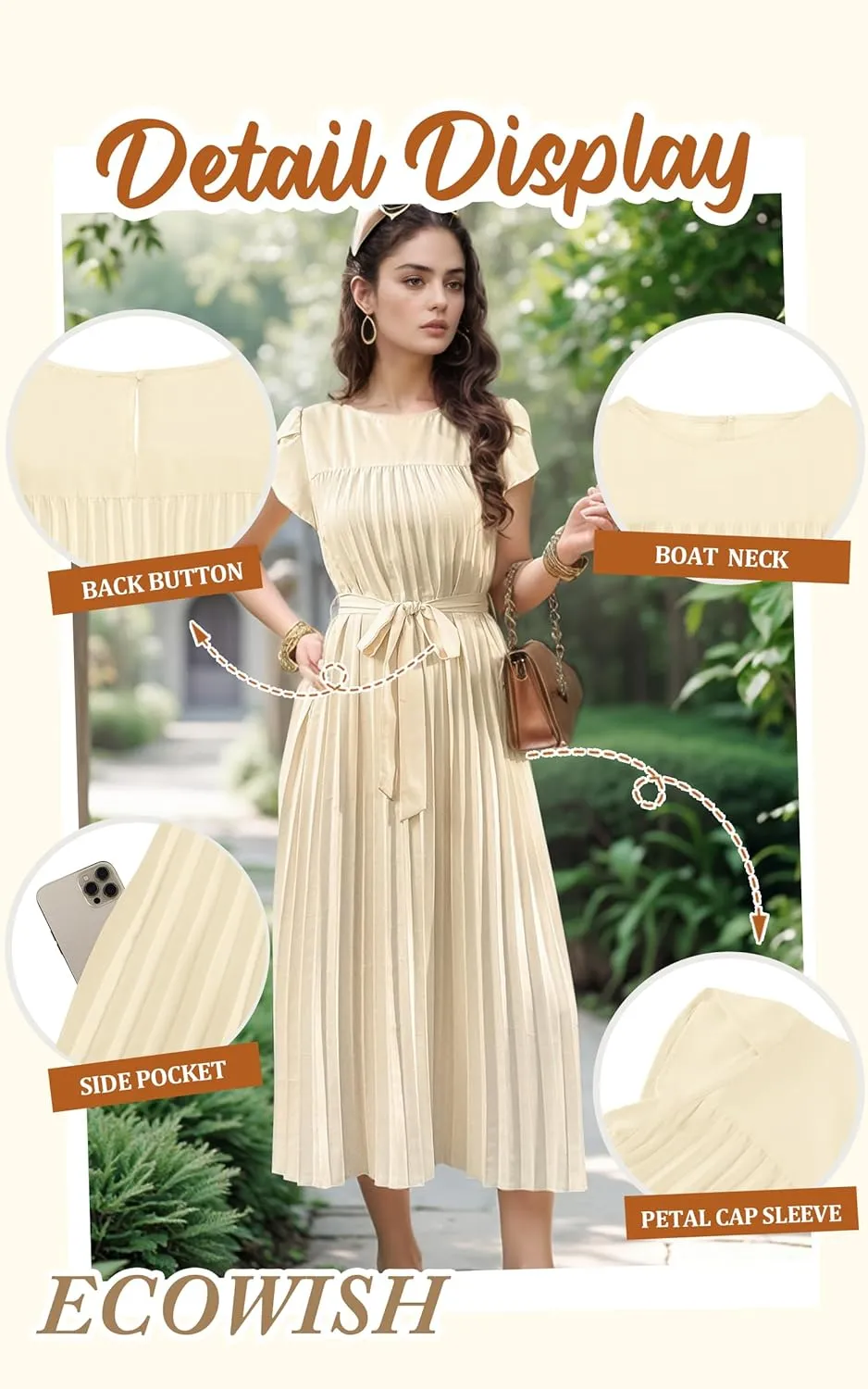 ECOWISH Women Summer Maxi Pleated Dress Casual Cap Sleeve Flowy Swing Loose Fit Midi Dresses Pocket Crew Neck Back Button