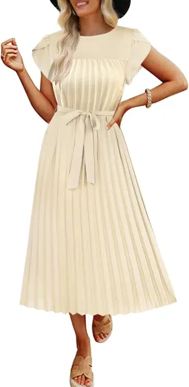 ECOWISH Women Summer Maxi Pleated Dress Casual Cap Sleeve Flowy Swing Loose Fit Midi Dresses Pocket Crew Neck Back Button