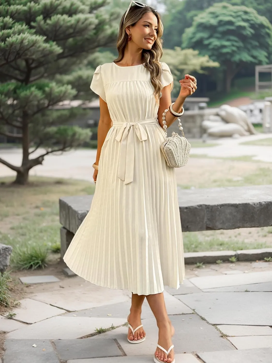 ECOWISH Women Summer Maxi Pleated Dress Casual Cap Sleeve Flowy Swing Loose Fit Midi Dresses Pocket Crew Neck Back Button