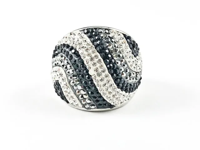 Elegant Bold Wavy Black & White Crystal Steel Ring