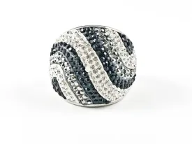 Elegant Bold Wavy Black & White Crystal Steel Ring