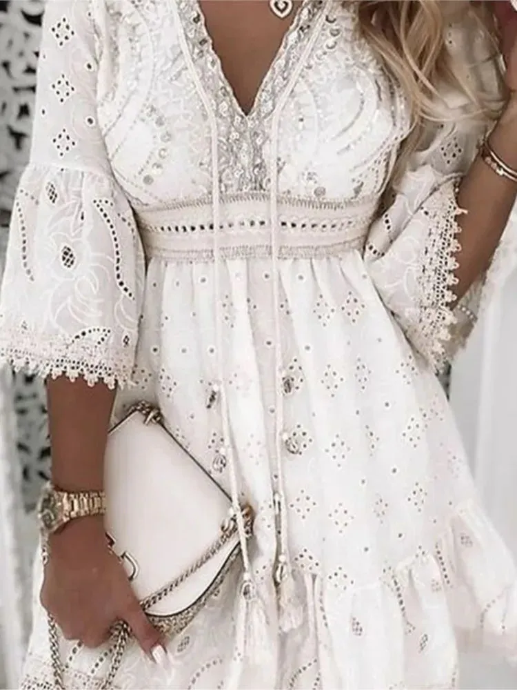 Elegant Women White Hollow Lace Mini Dress Summer V-neck Patchwork Lace Up Three Quarter Sleeve Ladies Vacation Beach Dresses