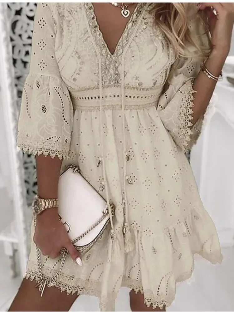 Elegant Women White Hollow Lace Mini Dress Summer V-neck Patchwork Lace Up Three Quarter Sleeve Ladies Vacation Beach Dresses