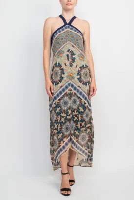 Emma & Michelle Crossed Neck Sleeveless Multi Print High Low Hem Chiffon Maxi Dress