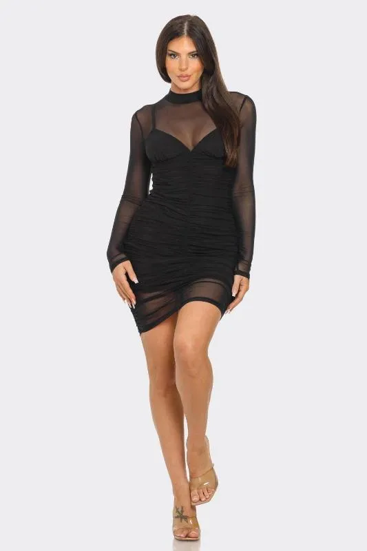 Espresso Mesh Ruched Midi Dress